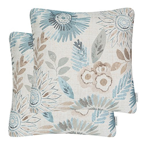 Mika Home Pack Of 2 Decorative Throw Pillows Cases Cushion Cover For Sofa Couch Bed,Sunflower Pattern,20X20 Inches,Blue Cream