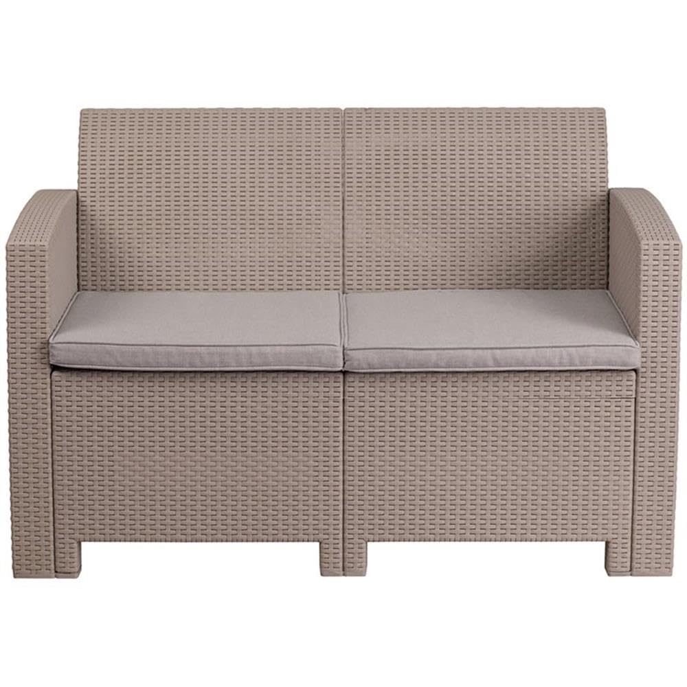 Flash Furniture Seneca Light Gray Faux Rattan Loveseat with All-Weather Light Grey Cushions