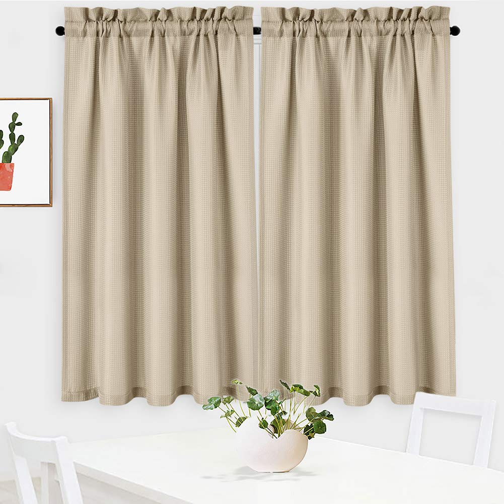 NANAN Waffle Woven Textured Short Curtains for Kitchen Waterproof Window Covering for Bathroom - 30 x 54, Plaza Taupe, Set of 2