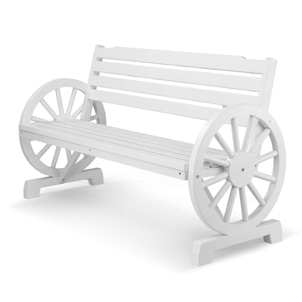 Vingli 55' Rustic Wooden Wheel Bench Outdoor Bench, 2-Person Patio Bench Wagon Slatted Seat, Garden Benches For Outdoors 350Lbs High Capacity, Weather Resistance (White)