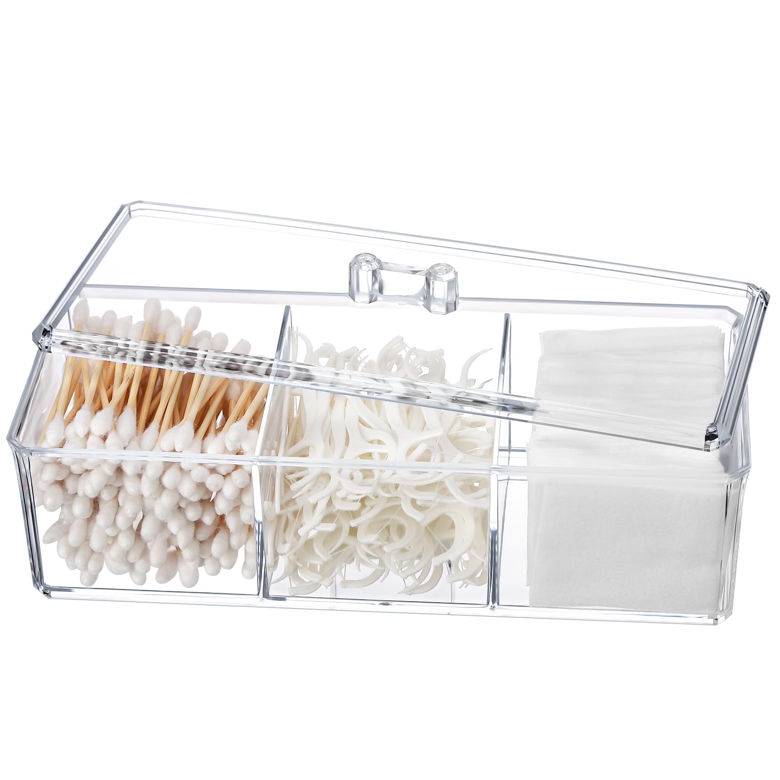 Qtip Holder Transparent 3 Compartments Cotton Ball and Swab Holder Organizer with Lid,Jar for Cotton Rounds,Bathroom Containers,
