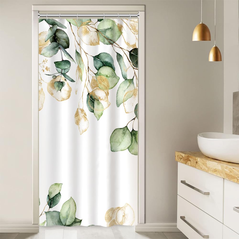 Ruelvth Stall Shower Curtain, Watercolor Green And Gold Eucalyptus Small Shower Curtain Set Waterproof Fabric Spring Bathroom De