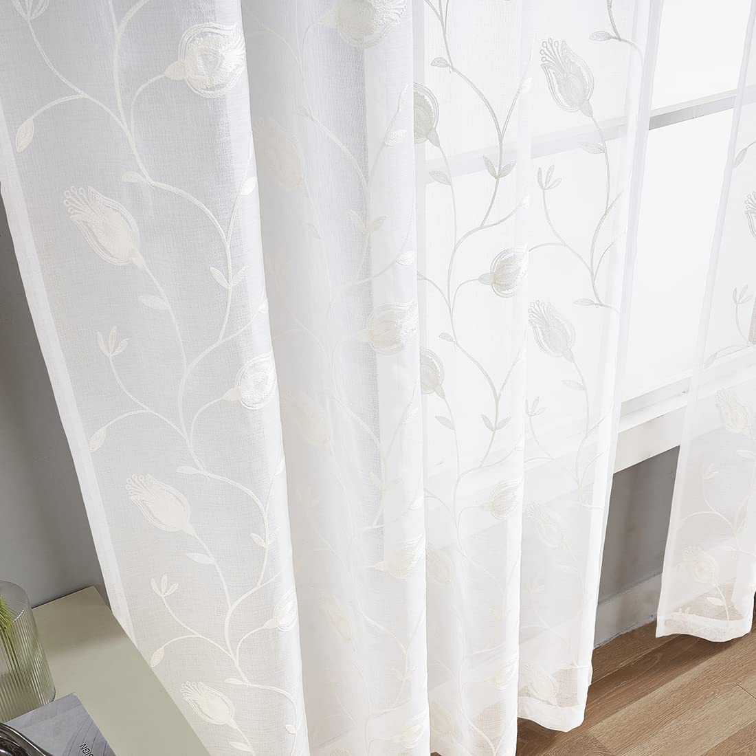 Embroidery White Tulip Sheer Curtains 84 Inches Long, Rod Pocket Sheer Drapes for Living room, Bedroom, 2 Panels, 52''x 84'', Se