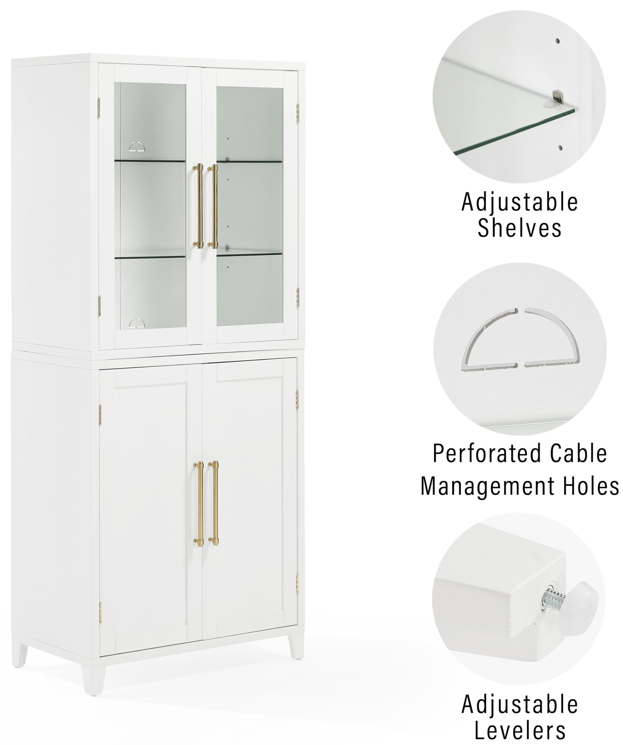 Crosley Furniture Roarke Glass Door China Hutch Kitchen Pantry Storage Cabinet with Doors and Shelves, White