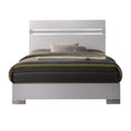 Benjara Wooden queen size bed with block legs and Crystal Accented Headboard, White,