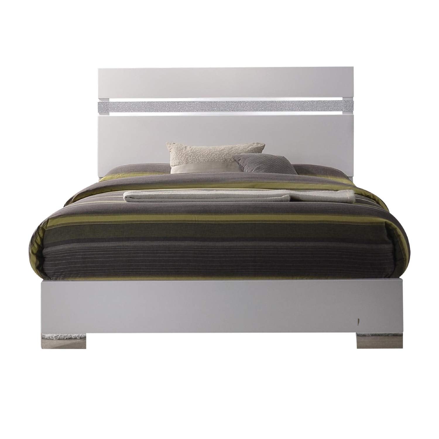 Benjara Wooden queen size bed with block legs and Crystal Accented Headboard, White,