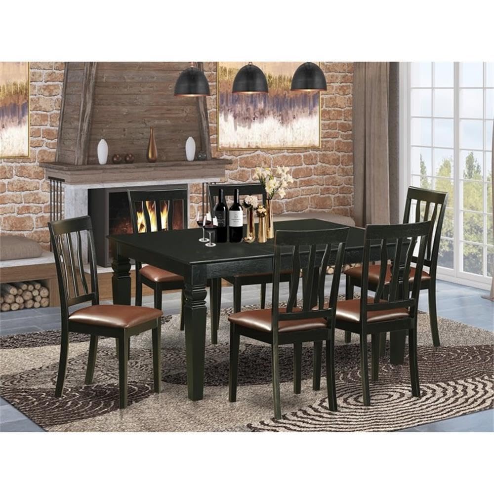 East West Furniture WEAN7-BLK-LC 7 Piece Dining Set Consist of a Rectangle Dining Room Table with Butterfly Leaf and 6 Faux Leather Upholstered Kitchen Chairs, 42x60 Inch, Black