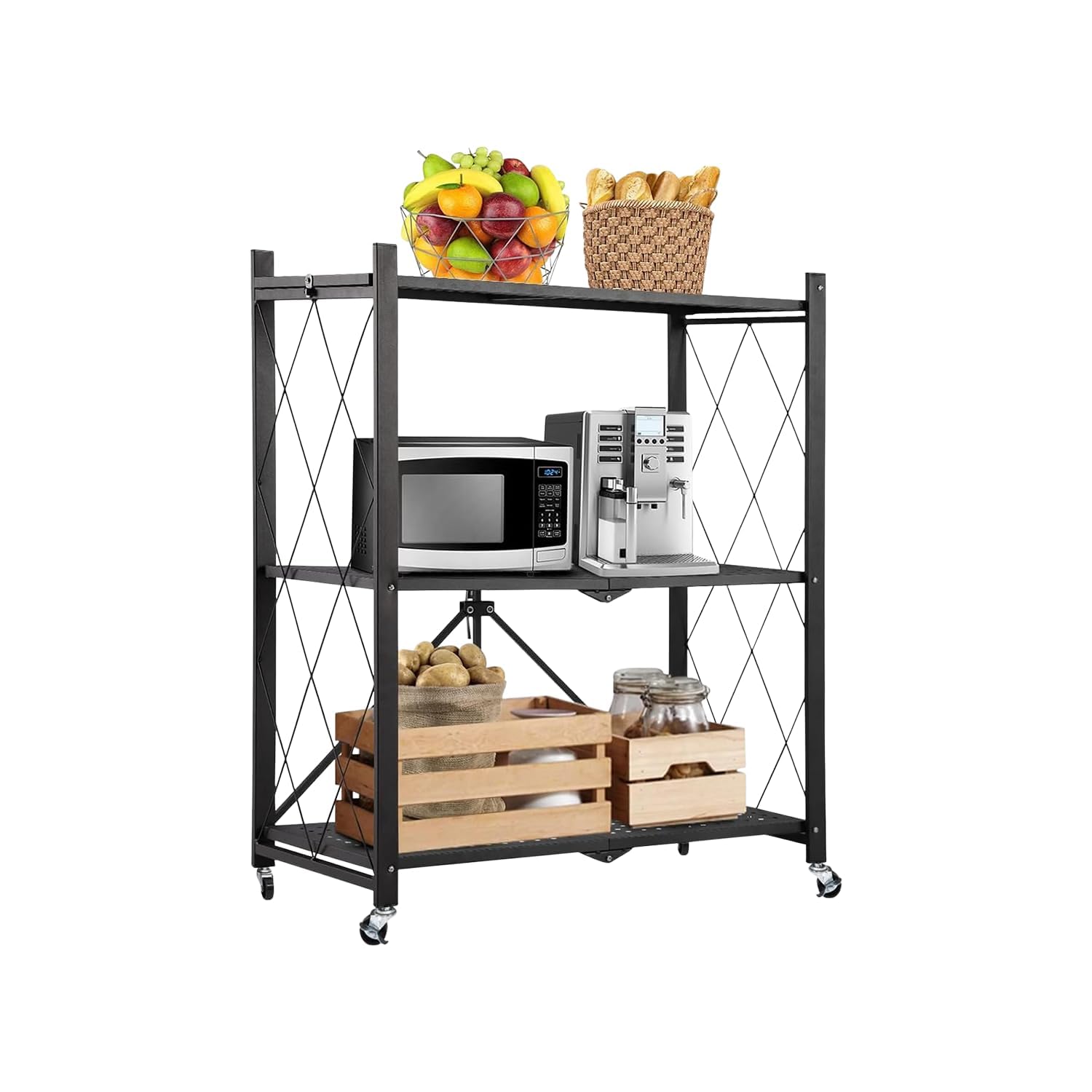Cleonixa Foldable Kitchen Storage Rack, Multi Tier Metal Storage Stand With Caster Wheels, Space Saving Movable Microwave Oven R