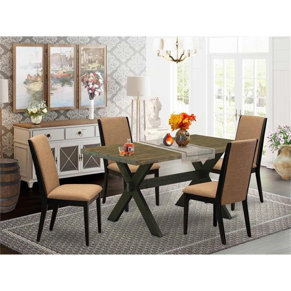 East West Furniture X676La147-5 5 Piece Dining Table Set For 4 Includes A Rectangle Kitchen Table With X-Legs And 4 Light Sable Linen Fabric Upholstered Chairs, 36X60 Inch, Multi-Color