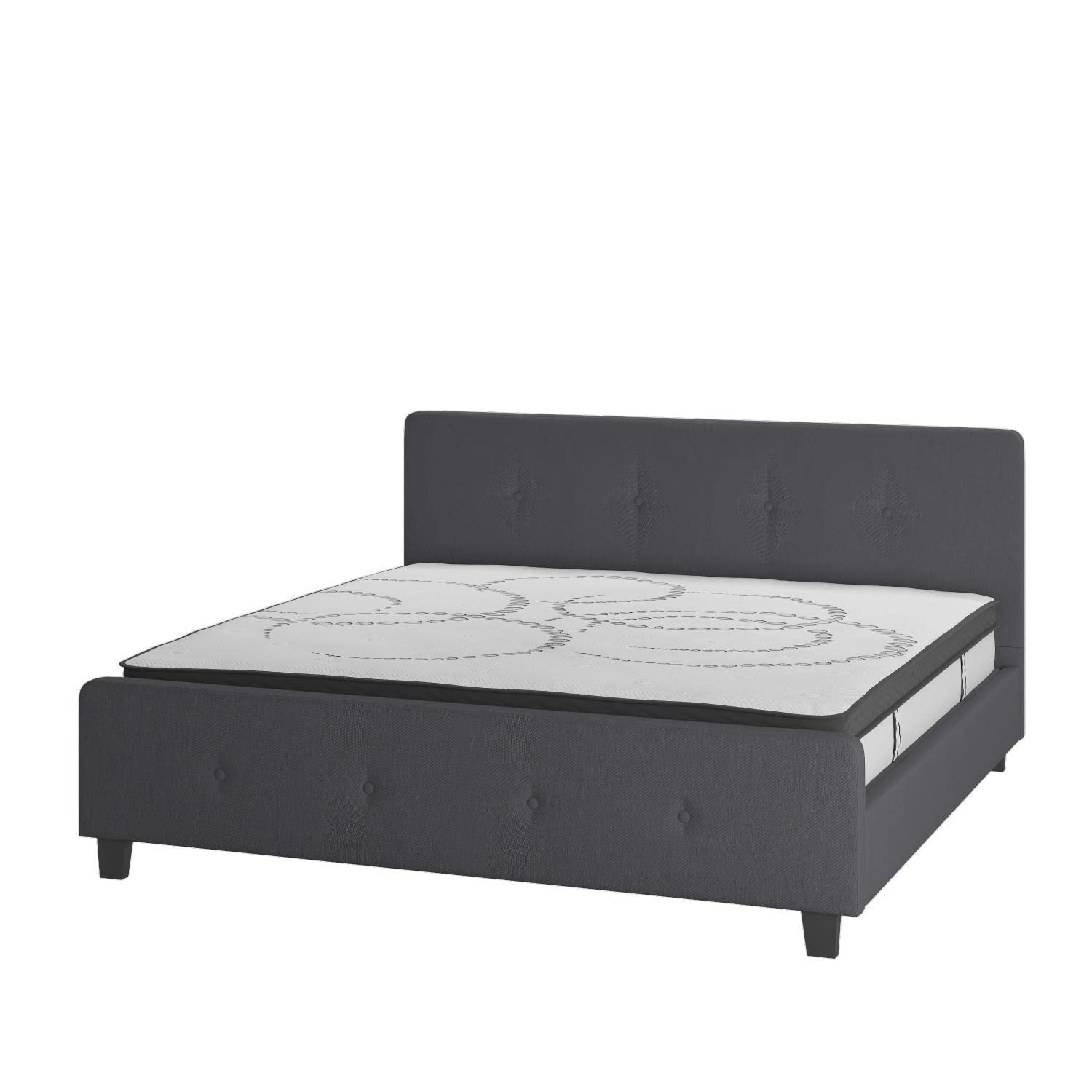Flash Furniture Tribeca King Size Tufted Upholstered Platform Bed In Dark Gray Fabric With 10 Inch Certipur-Us Certified Pocket Spring Mattress