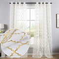 Kotile White Sheer Curtains Gold Foil Print Moroccan Tile Lattice Design 63 Inches - Grommet White Window Panels For Girls Room,