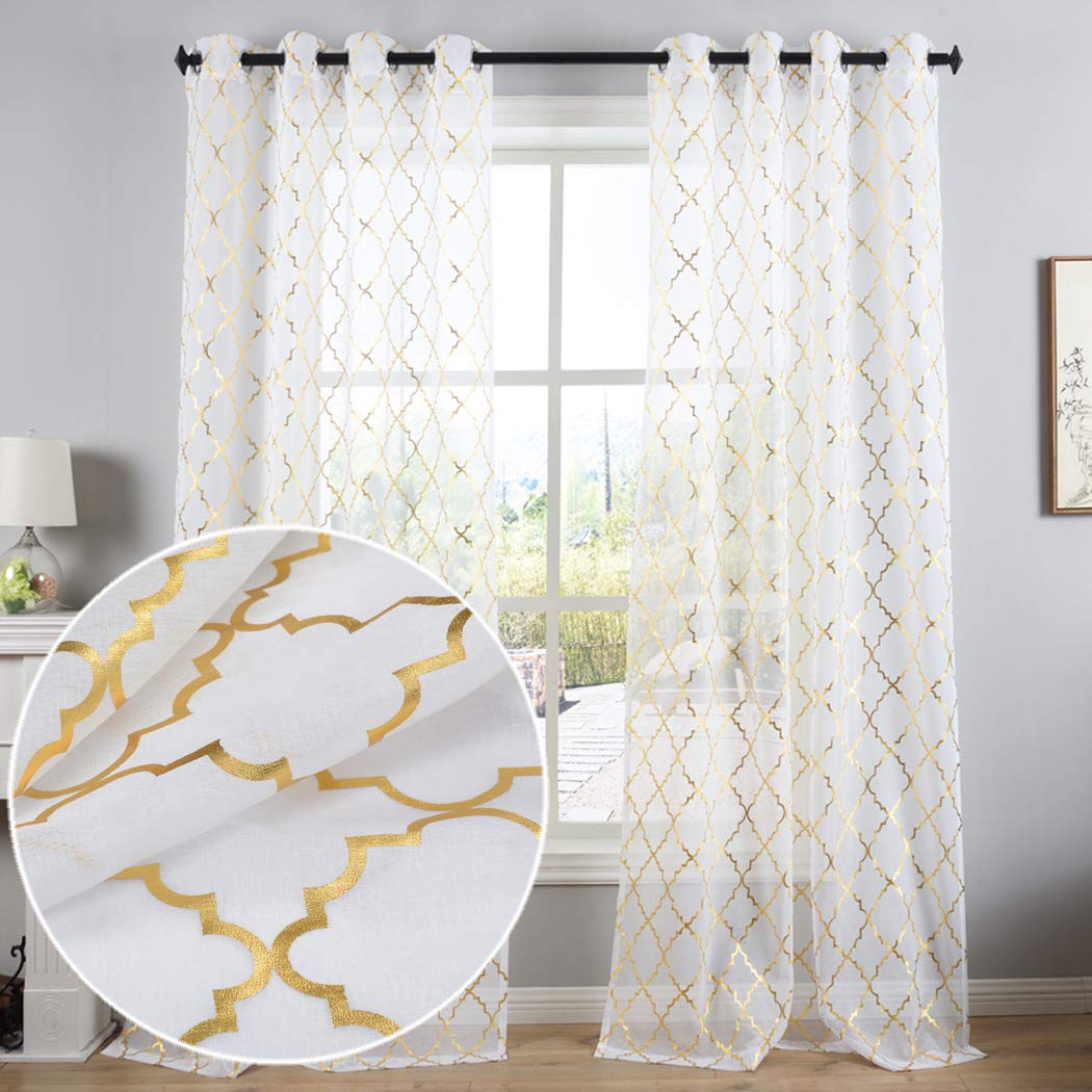 Kotile White Sheer Curtains Gold Foil Print Moroccan Tile Lattice Design 63 Inches - Grommet White Window Panels For Girls Room,