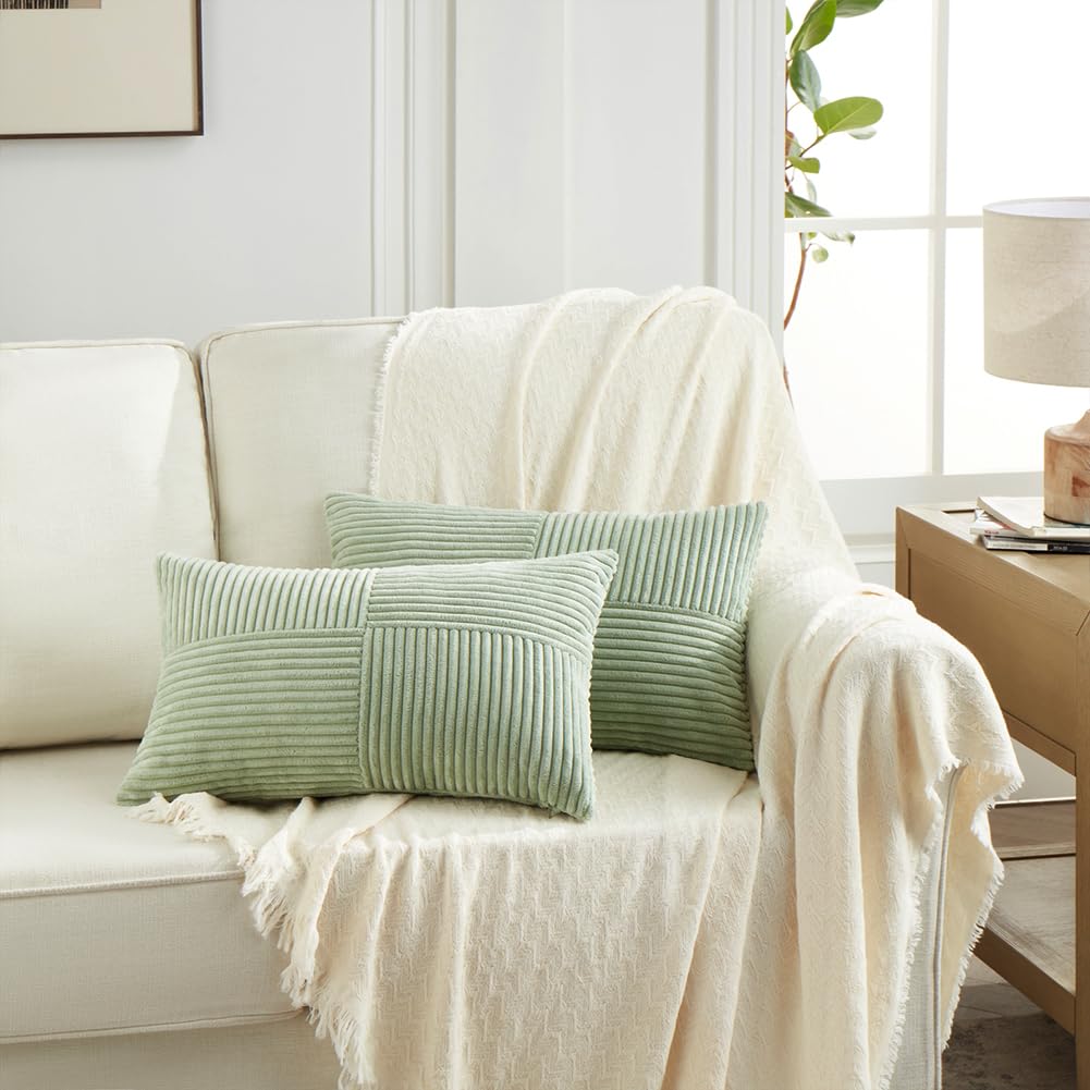 Fancy Homi Sage Green Lumbar Decorative Throw Pillow Covers 12X20 Inch For Living Room Couch Bed, Rustic Farmhouse Boho Home Dec