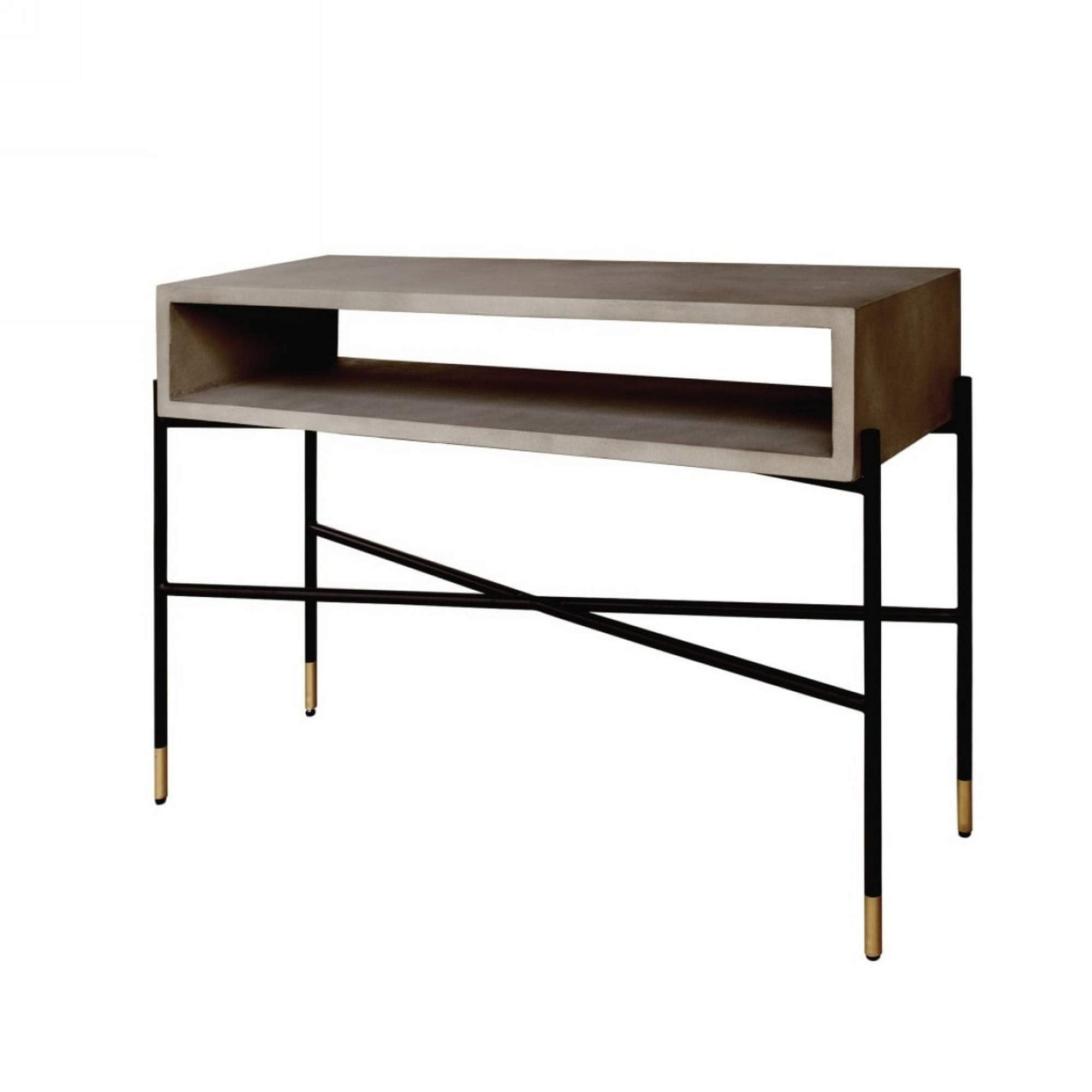 Benjara Rectangular Console Table With Concrete Top And Metal Base, Gray And Black