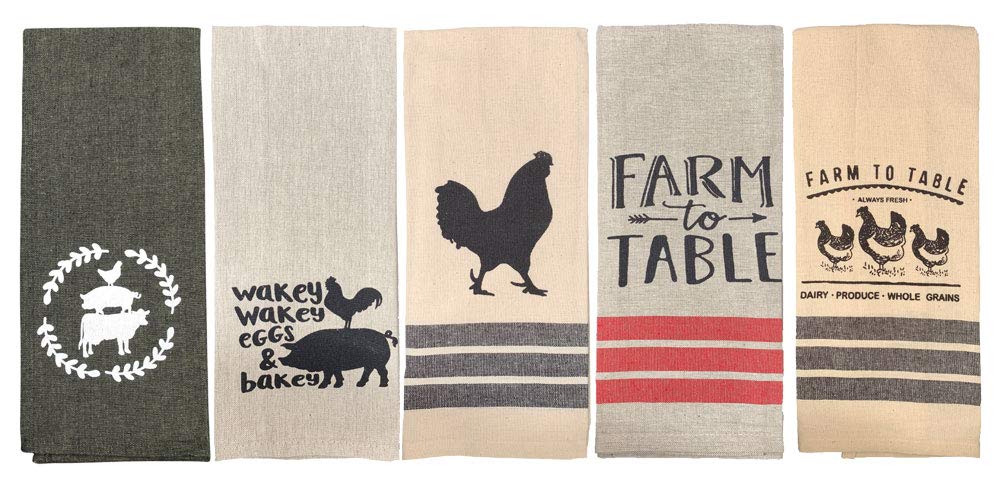 fillURbasket Farmhouse Kitchen Towels Set Farm Towels Pig Rooster Chicken Cow Towels Tan Black Dish Towels Set of 5 Cotton 16x28
