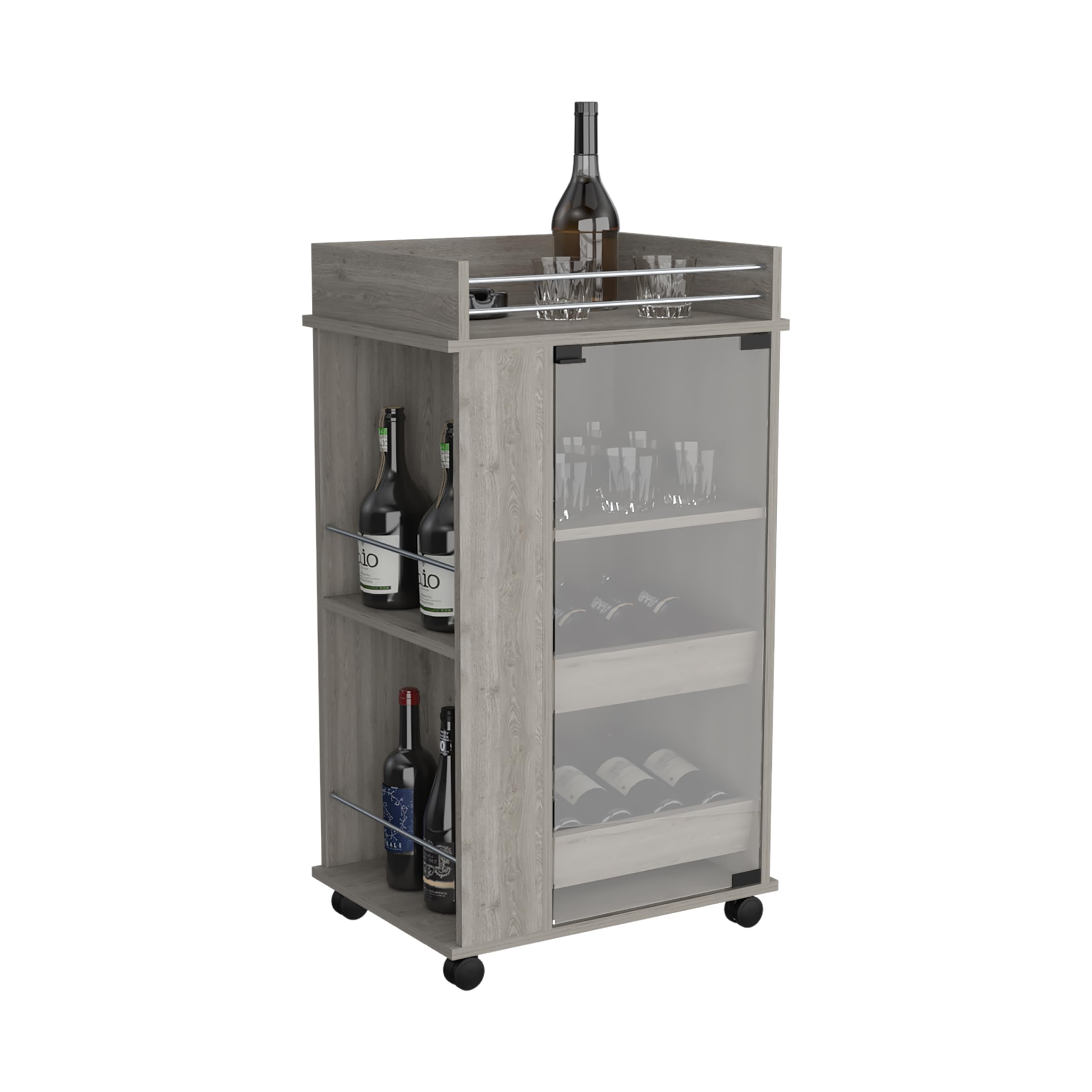 Lansing Bar Cart With Glass Door, 2-Side Shelves And Casters, Light Gray