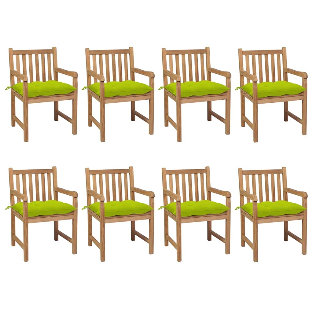 Vidaxl 8X Solid Teak Wood Patio Chairs Garden Outdoor Terrance Backyard Furniture Wooden Armchair Seating Chair Seat With Bright Green Cushions