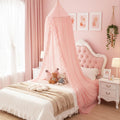 Mengesi Bed Canopy with Pom Pom- Lace Chiffon Canopy Bed Curtains, Ruffles Princess Reading Nook Play Tent for Girls Room (Beige