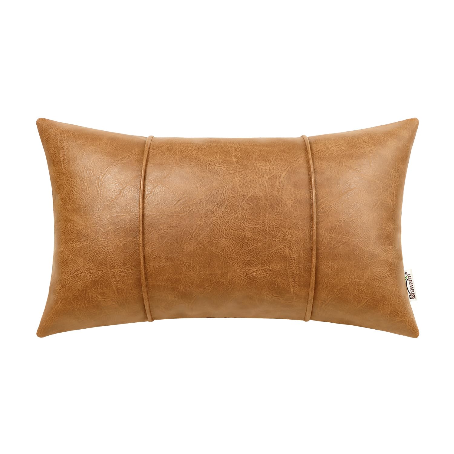 BRAWARM Tan Leather Throw Pillow Covers 12 X 20 Inches - Faux Leather Lumbar Pillow Cover with Piping, Hand Stitched Leather Thr