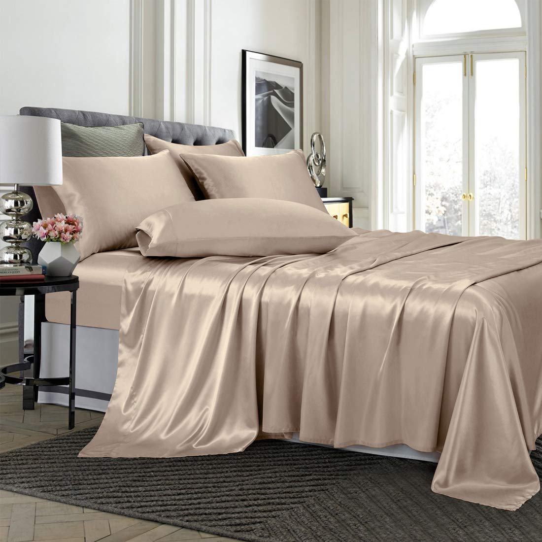 Treely 4 Piece Satin Sheets Twin Size Silky Smooth Taupe Satin Sheet Set With Deep Pocket, Satin Fitted Sheet, Flat Sheet, 2 Sat