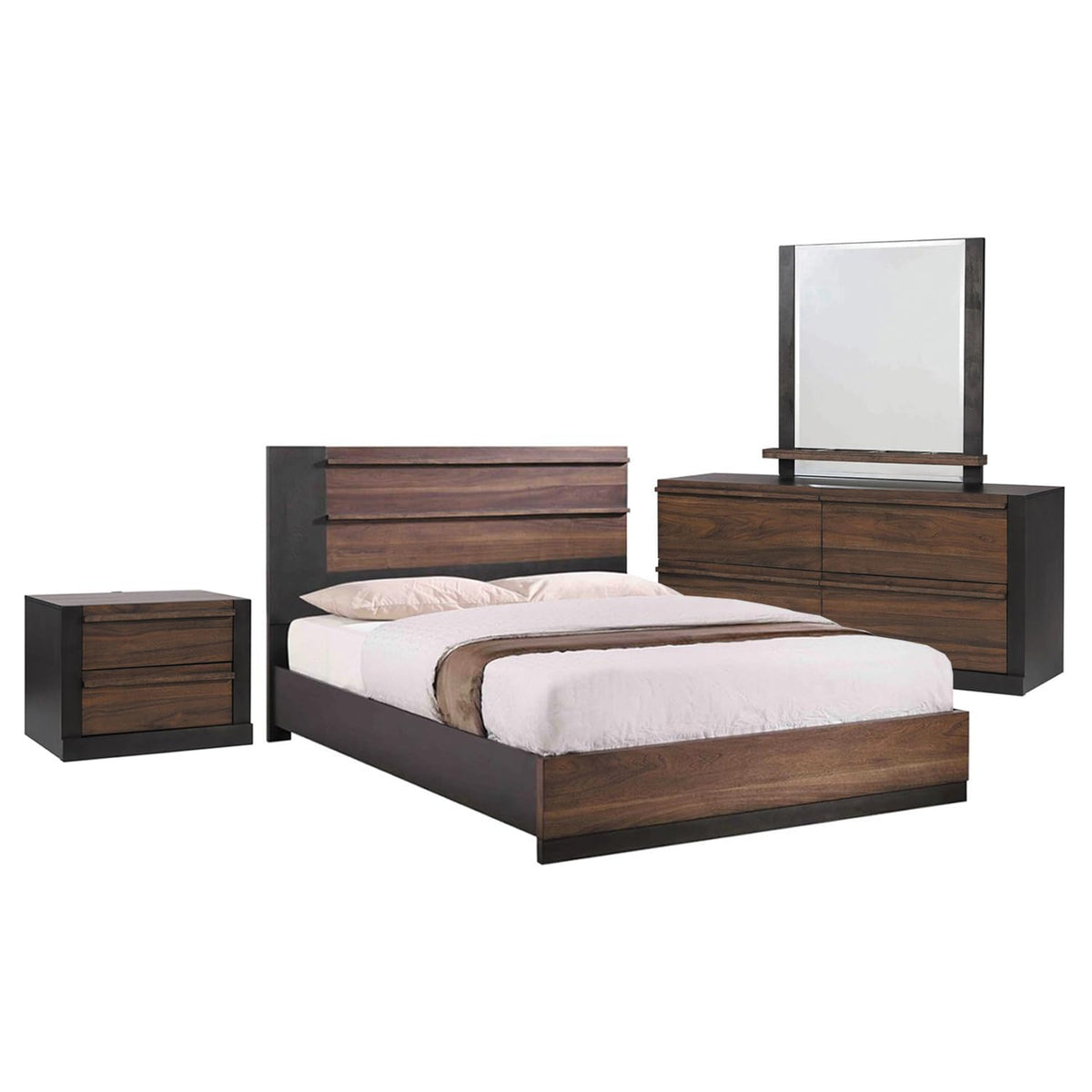 Coaster 4-Piece Modern Wood Queen Flatform Bedroom Set in Walnut