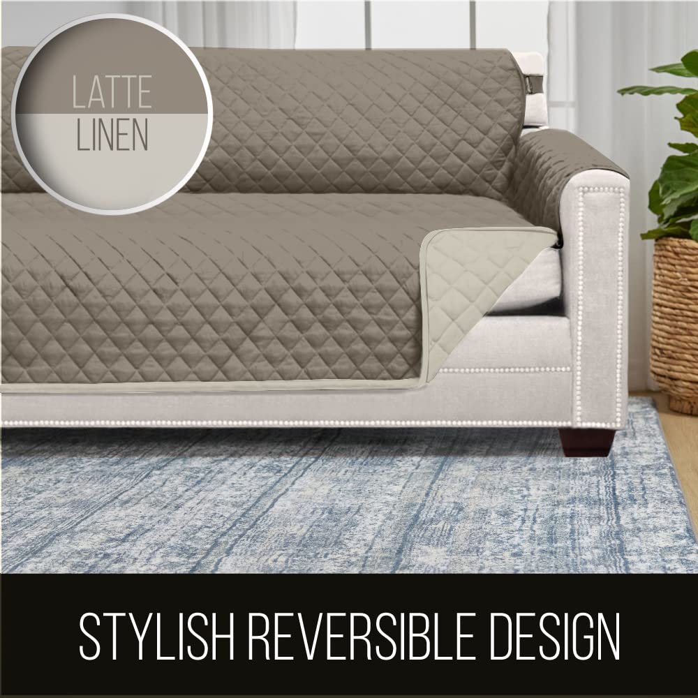 Sofa Shield Patented Couch Slip Cover, Large Cushion Protector, Reversible Stain And Dog Tear Resistant Slipcover, Quilted Microfiber 70” Seat, Washable Covers For Dogs Pets Kids, Latte Linen