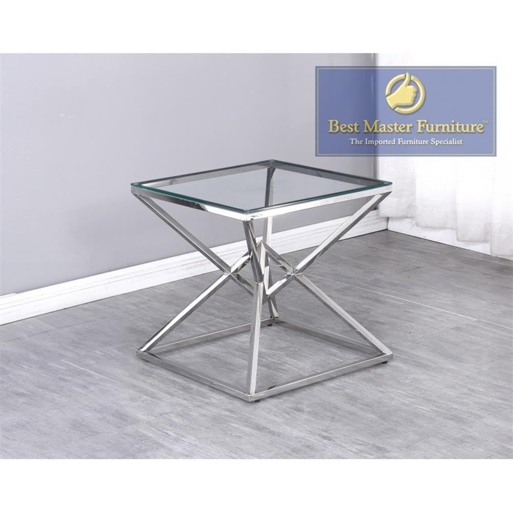 Best Master Furniture 22&Quot; Modern Tempered Glass End Table In Silver/Clear