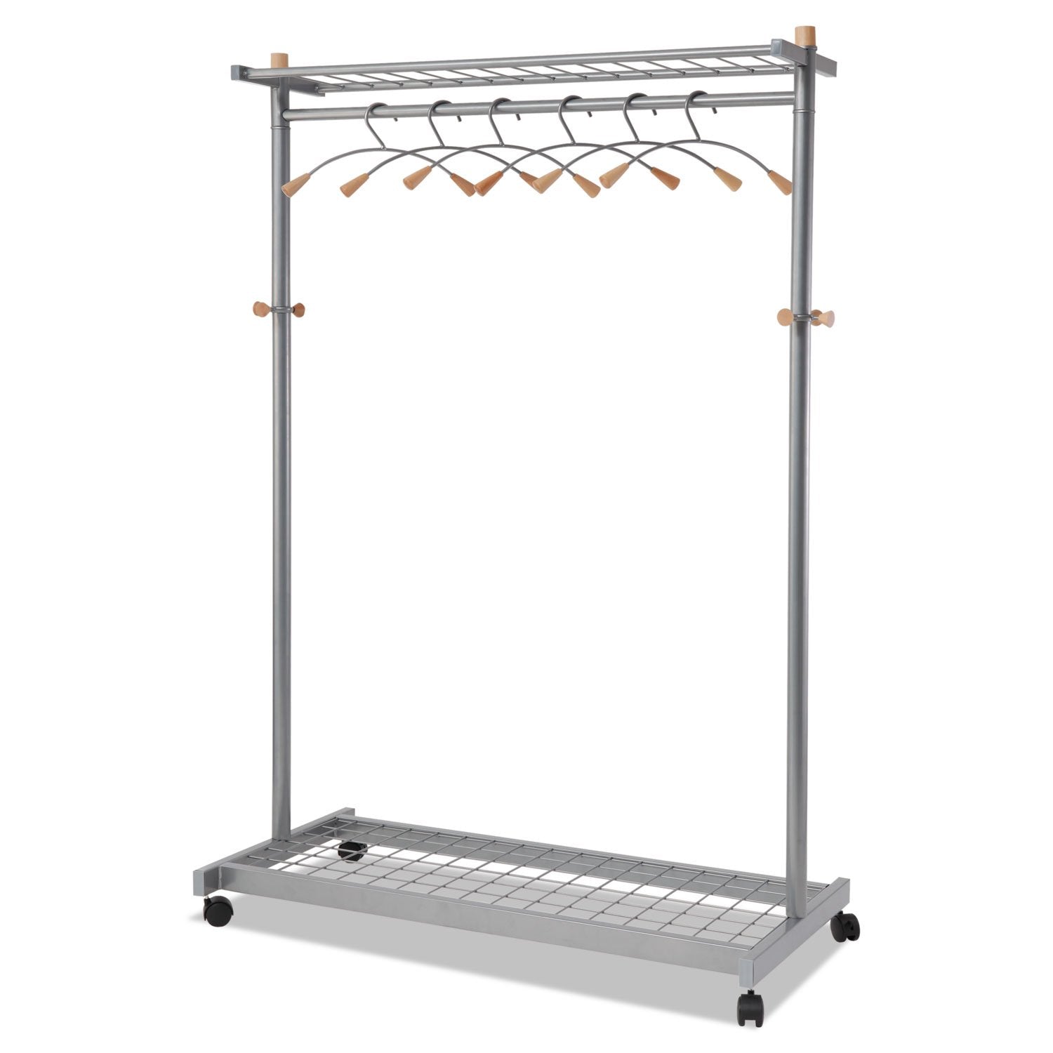 Alba Pmlux6 Garment Racks, Two-Sided, 2-Shelf Coat Rack, 6 Hanger/6 Hook, Silver Steel/Wood