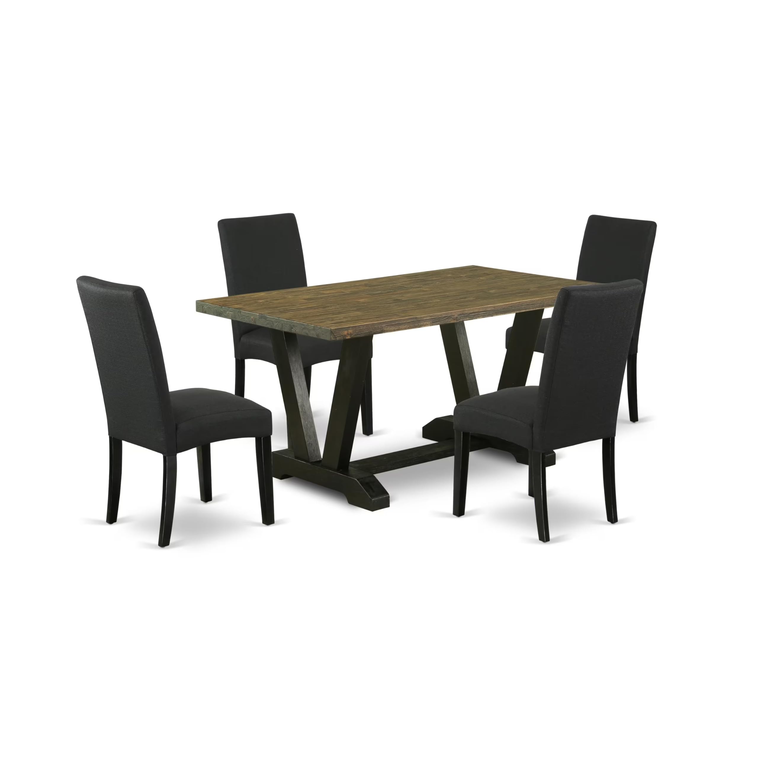 East West Furniture V676Dr124-5 5 Piece Dinette Set For 4 Includes A Rectangle Dining Table With V-Legs And 4 Black Color Linen Fabric Parson Dining Room Chairs, 36X60 Inch, Multi-Color