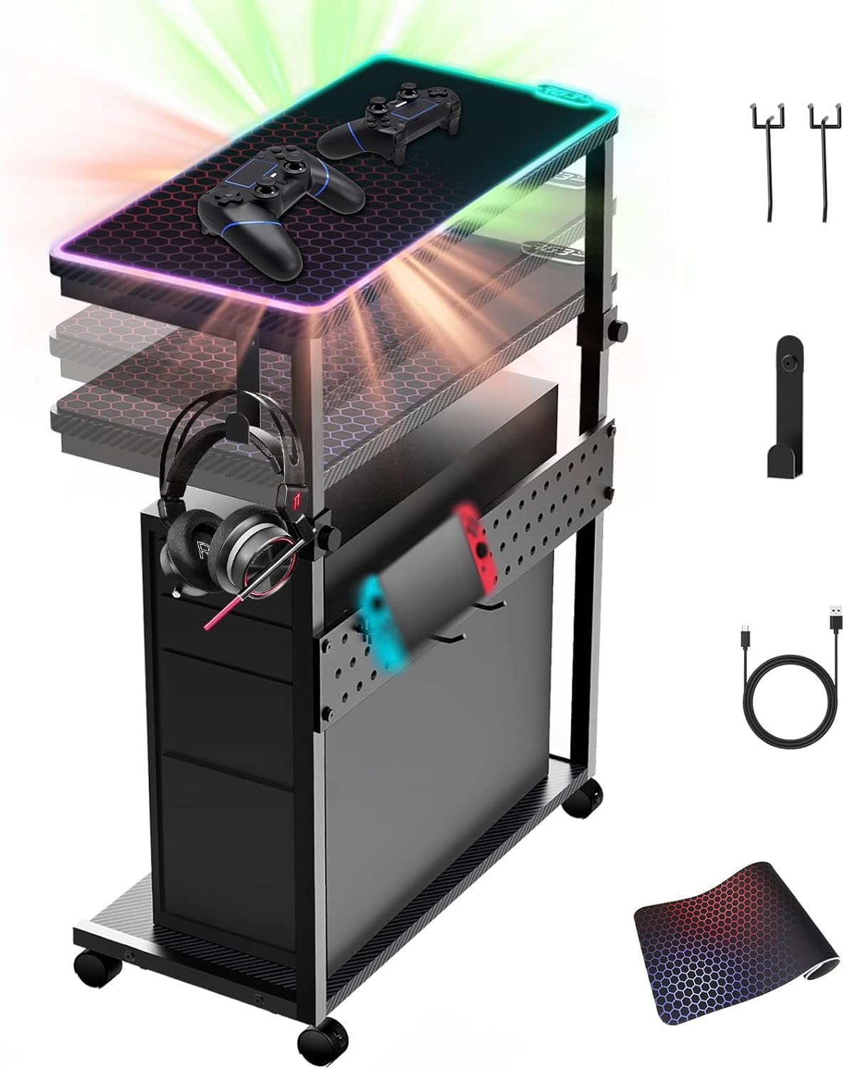 OneNY Ergonomic PC Stand for Desktop Tower, Height Adjustable w/Lockable Caster, Pegboard & Mouse Pad, 2-Tier Steel Frame Super 