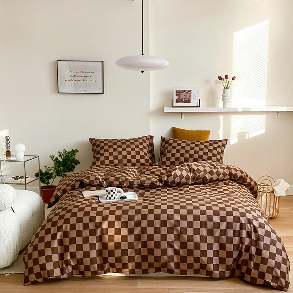 Clothknow Brown Plaid Comforter Set King 3Pcs Grid Bedding Comforter Sets Dark Brown Checker Comforter Soft Geometric Comforter