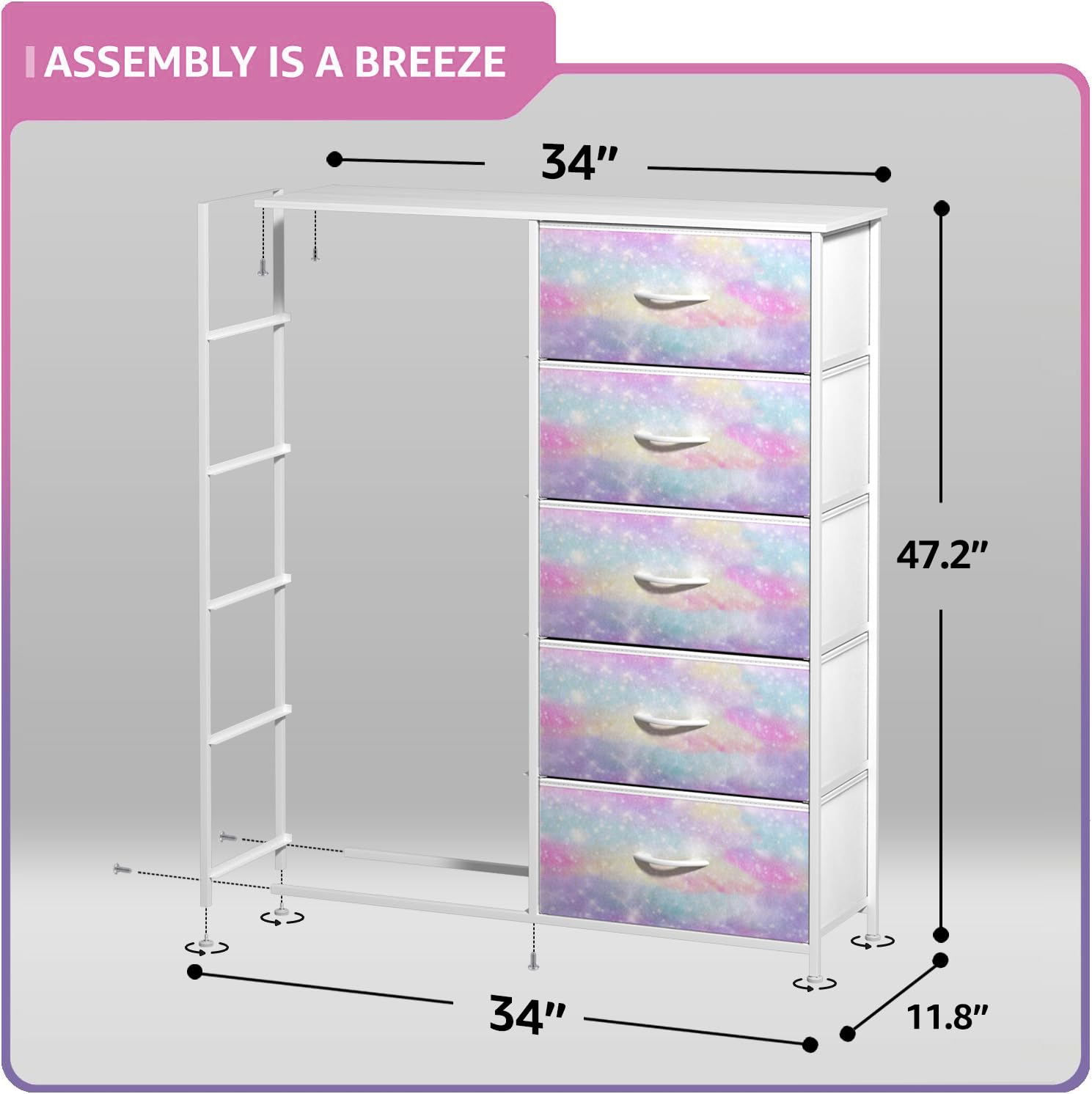 Sorbus Kids Dresser With 10 Drawers - Storage Chest Organizer Unit Nightstand - Steel Frame, Wood Top, Tie-Dye Fabric Bins For Clothes - Wide Furniture For Bedroom, Hallway, Nursery, Closet, Apartment