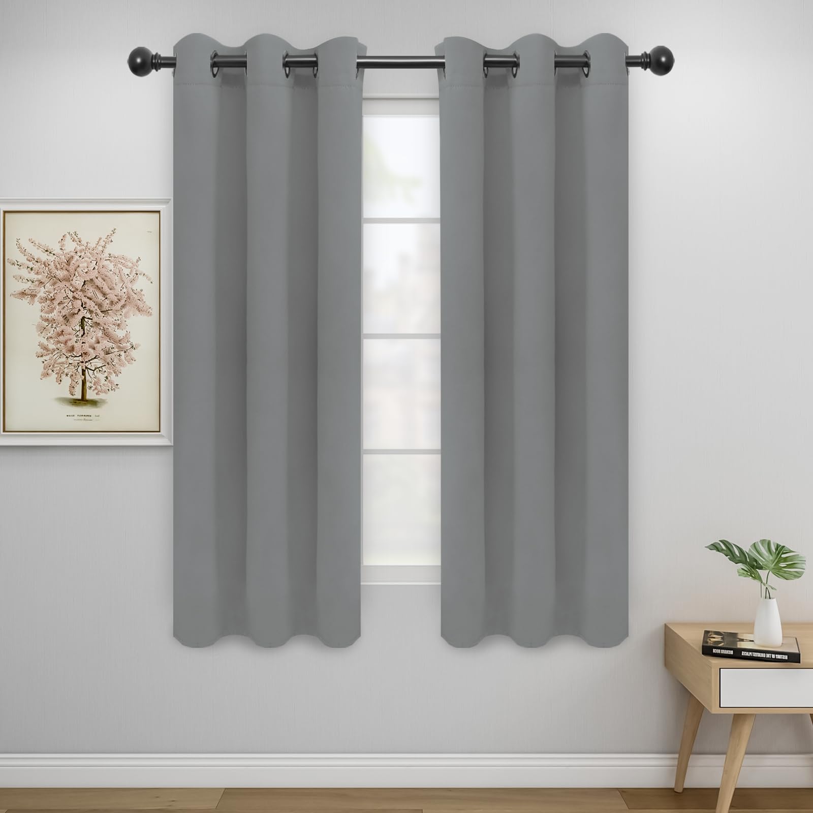 Easy-Going Blackout Curtains For Bedroom, Solid Thermal Insulated Grommet And Noise Reduction Window Drapes, Room Darkening Curtains For Living Room, 2 Panels (34X63 In, Light Gray)