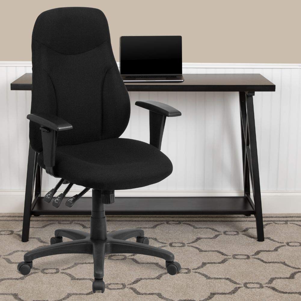 Flash Furniture Hughes High Back Black Fabric Multifunction Swivel Ergonomic Task Office Chair with Adjustable Arms