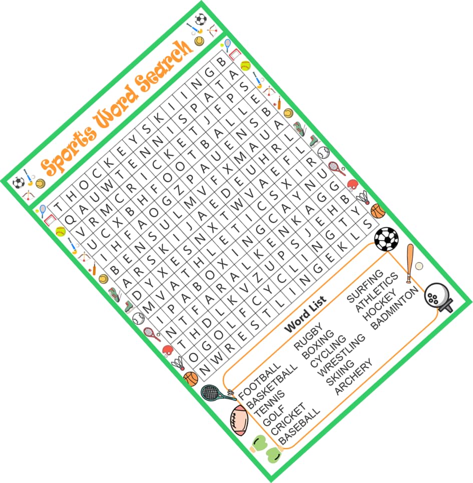 Fitness Theme Sports Word Search Game 30 Cards with Solution Sheet Kitty Party Time Based Puzzle Activity Game