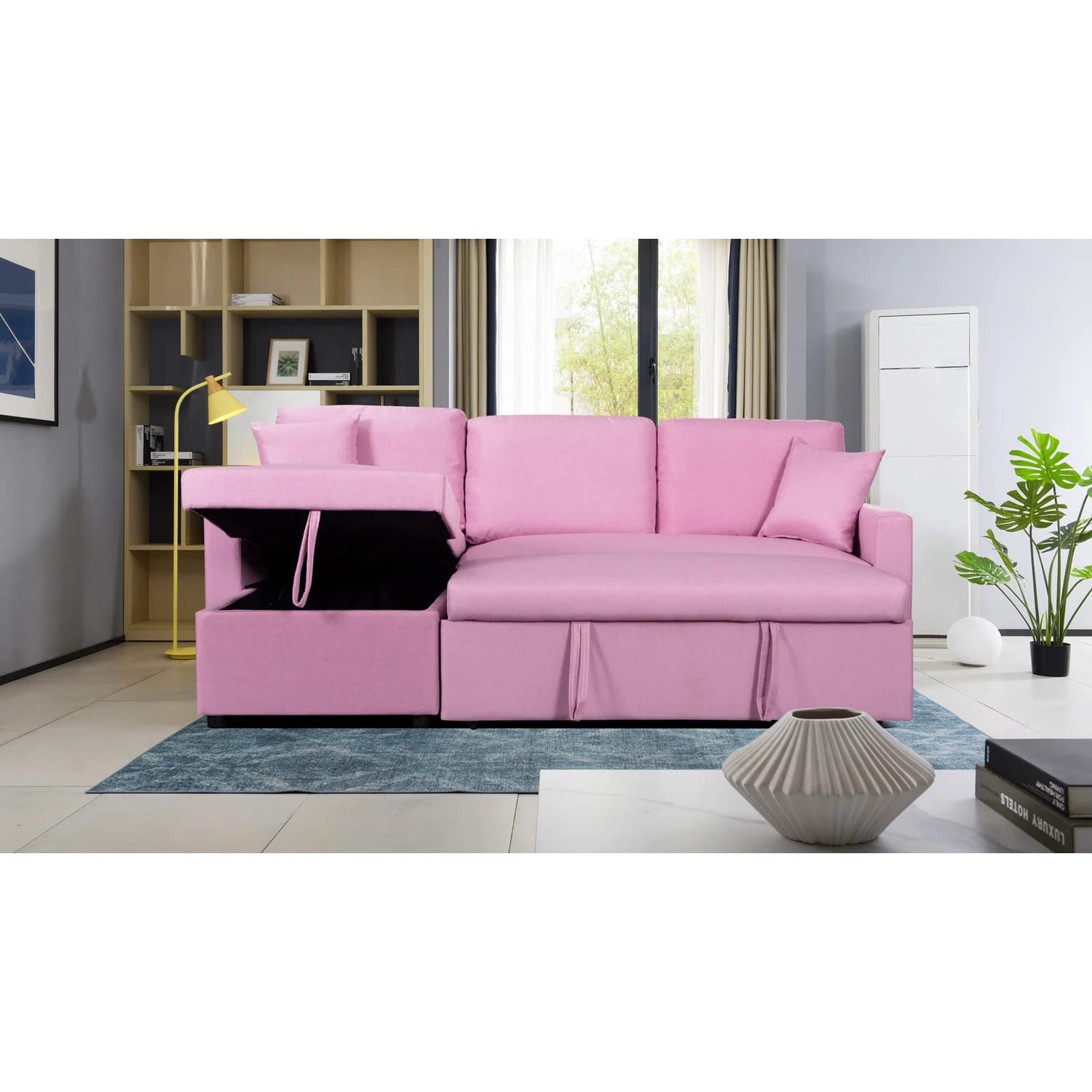 Lilola Home Paisley Pink Linen Fabric Reversible Sleeper Sectional Sofa with Storage Chaise