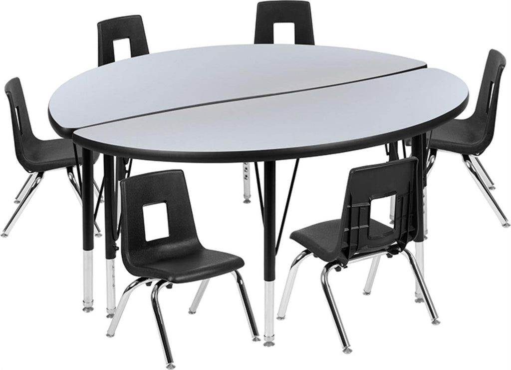 Flash Furniture 47.5" Circle Wave Collaborative Laminate Activity Table Set With 14" Student Stack Chairs, Grey/Black