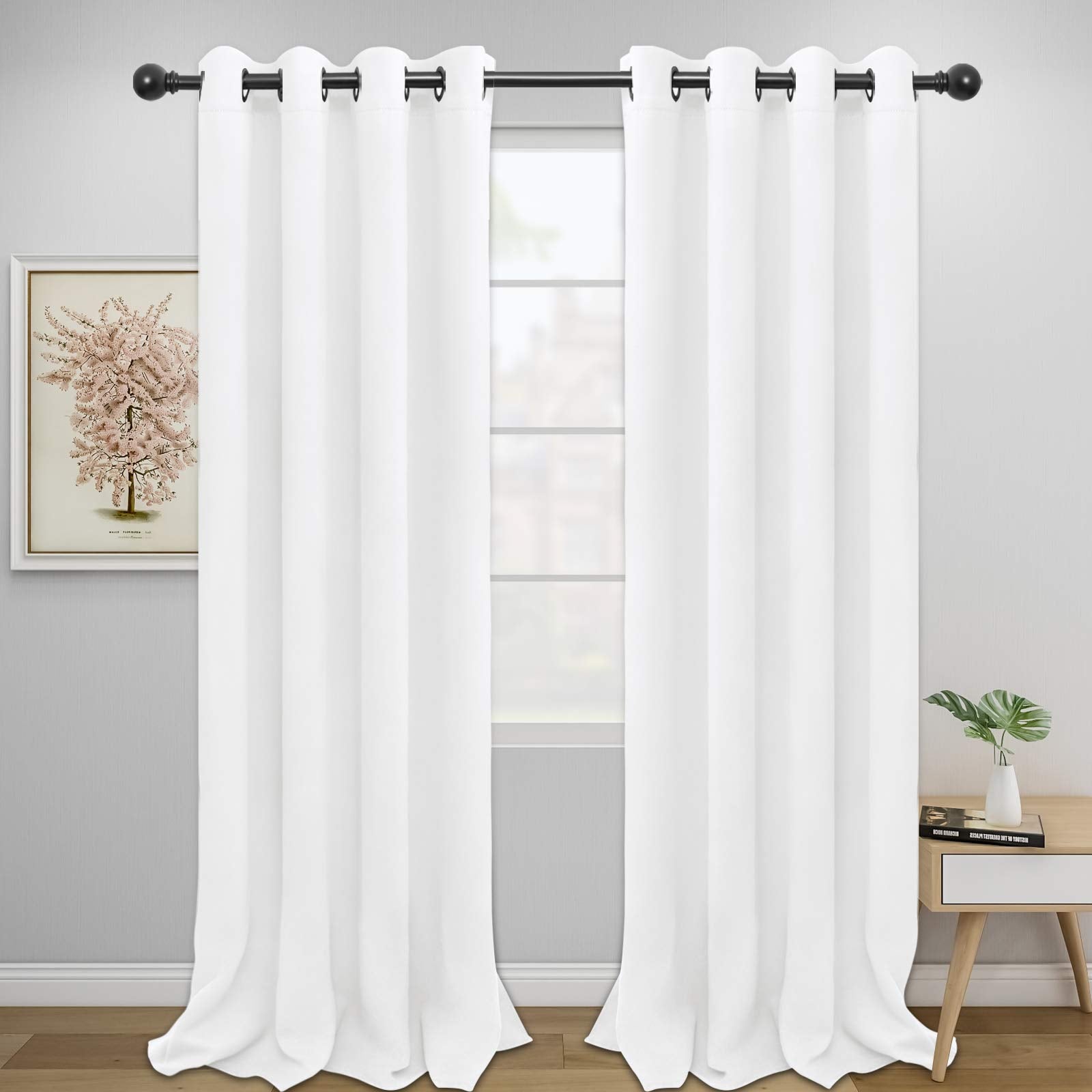 Easy-Going Blackout Curtains For Bedroom, Solid Thermal Insulated Grommet And Noise Reduction Window Drapes, Room Darkening Curtains For Living Room, 2 Panels (52X96 In,White)