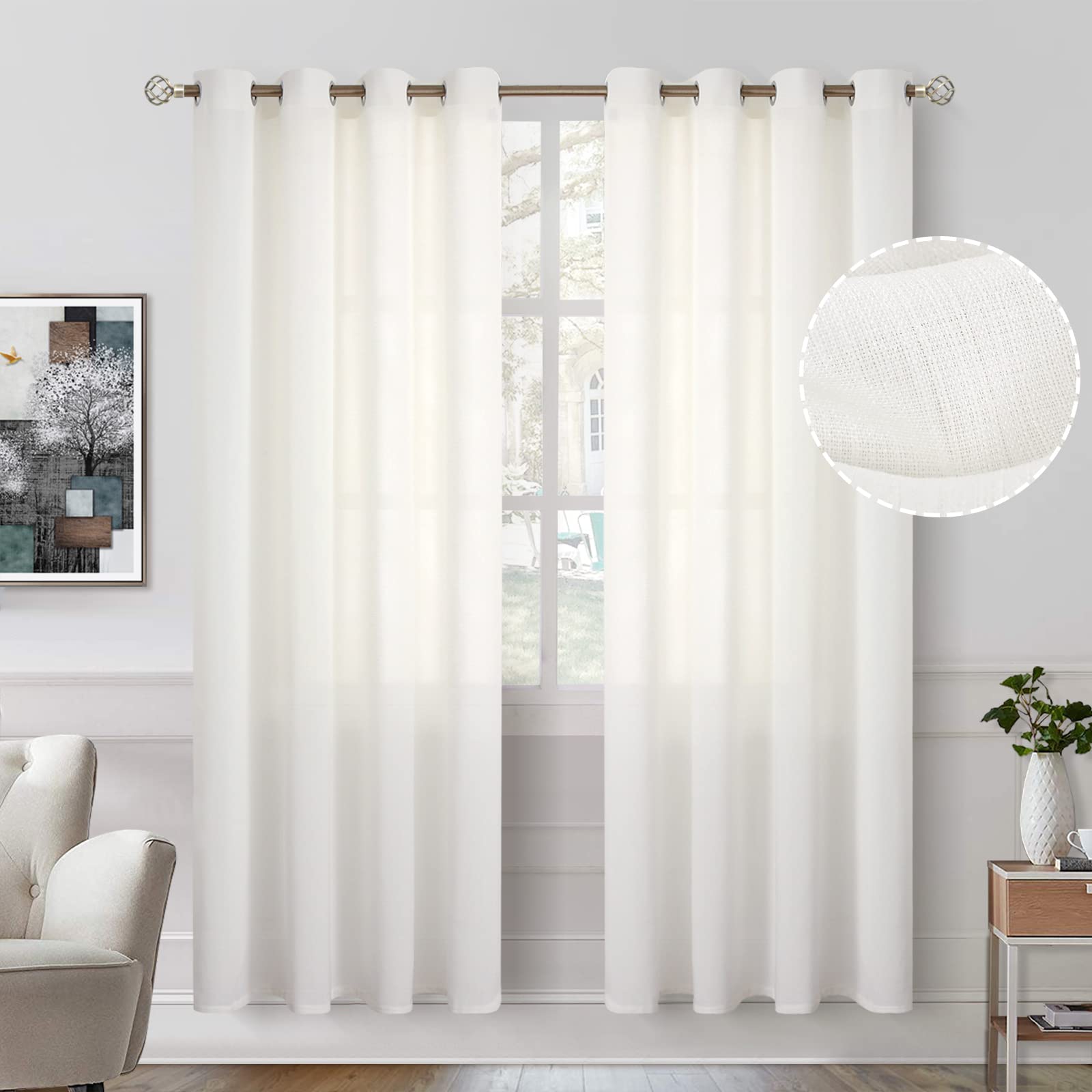 Bgment Cream Semi Sheer Curtains 72 Inches Long For Bedroom, Natural Linen Look Grommet Light Filtering Textured Privacy Sheer C