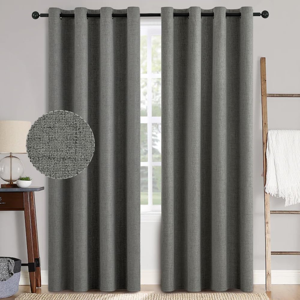 Miulee Linen Texture Curtains For Bedroom Solid 100% Blackout Thermal Insulated Dark Grey Curtains Grommet Room Darkening Curtai
