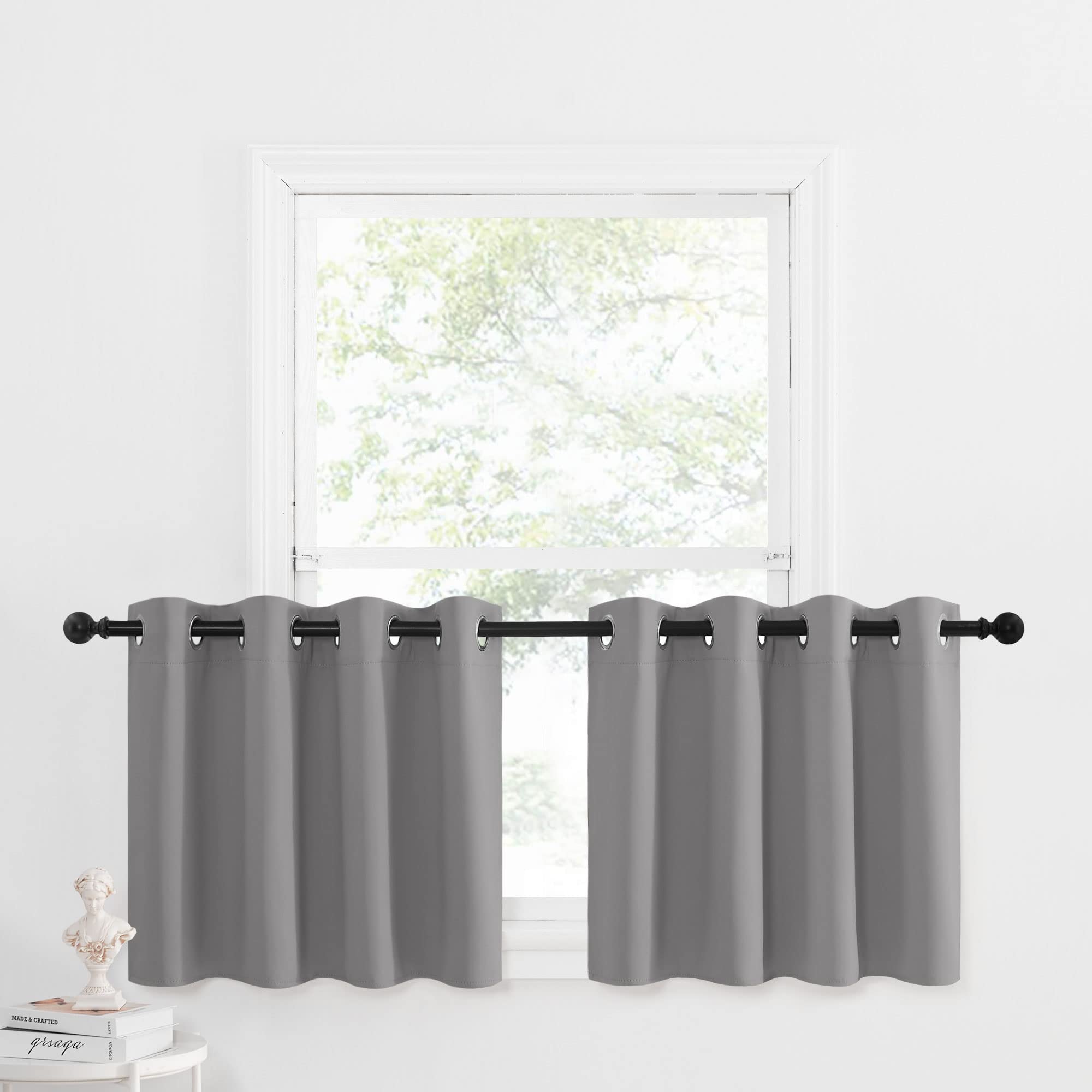Nicetown Short Blackout Tiers Curtains For Small Window, 24 Inch Length Blackout Kirchen Curtain Sink Over Thermal Insulated Room Darkening Grommet For Bedroom (52' W Per Panle, 2 Pcs, Silver Grey)