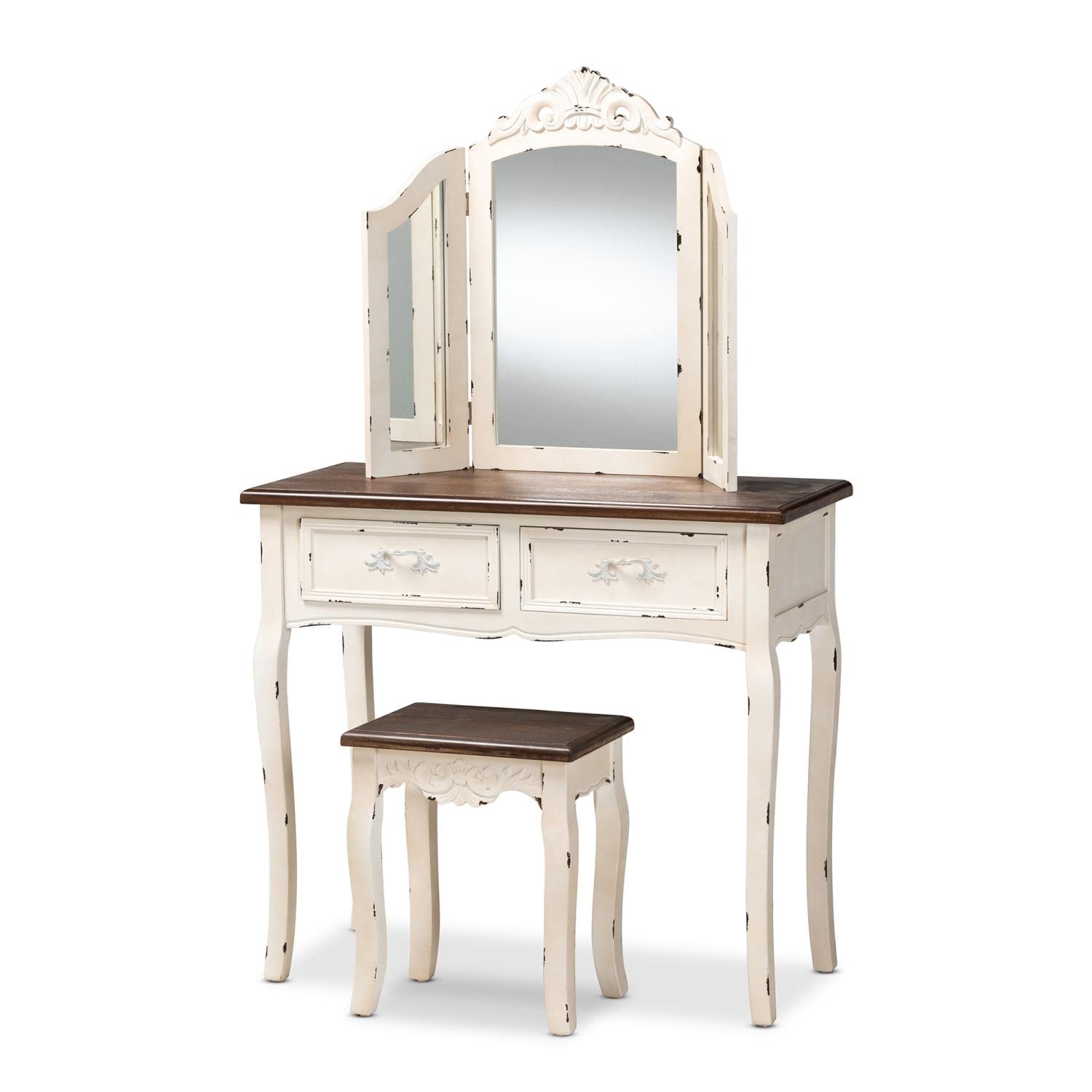 Baxton Studio Levron Brown and Antique White Finished Wood 2-Piece Vanity Set