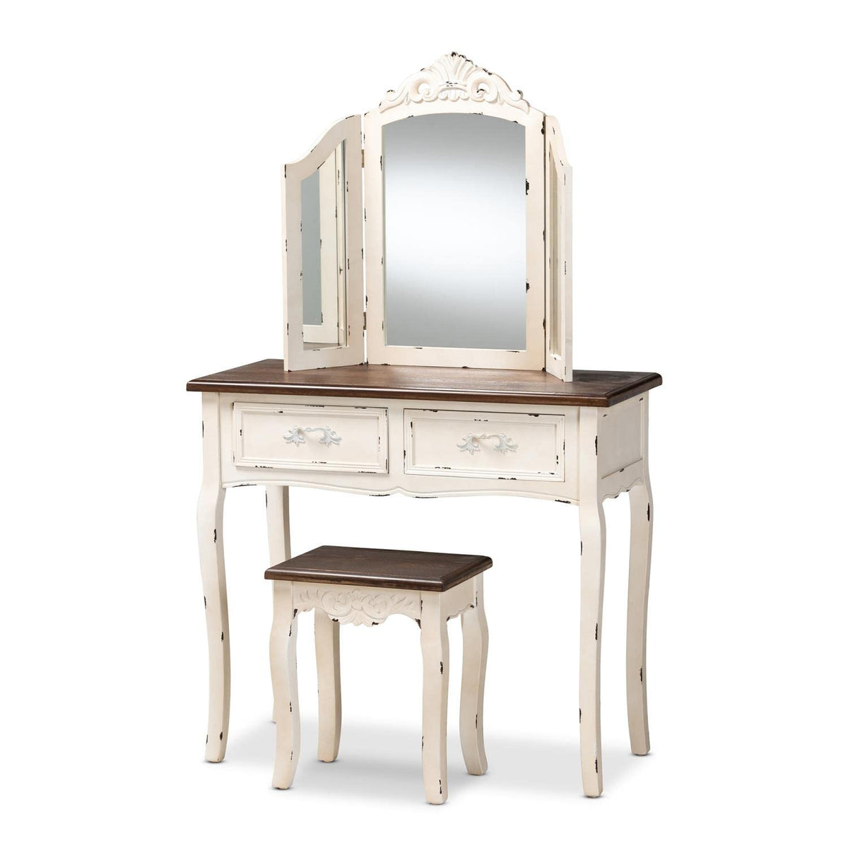 Baxton Studio Levron Brown and Antique White Finished Wood 2-Piece Vanity Set