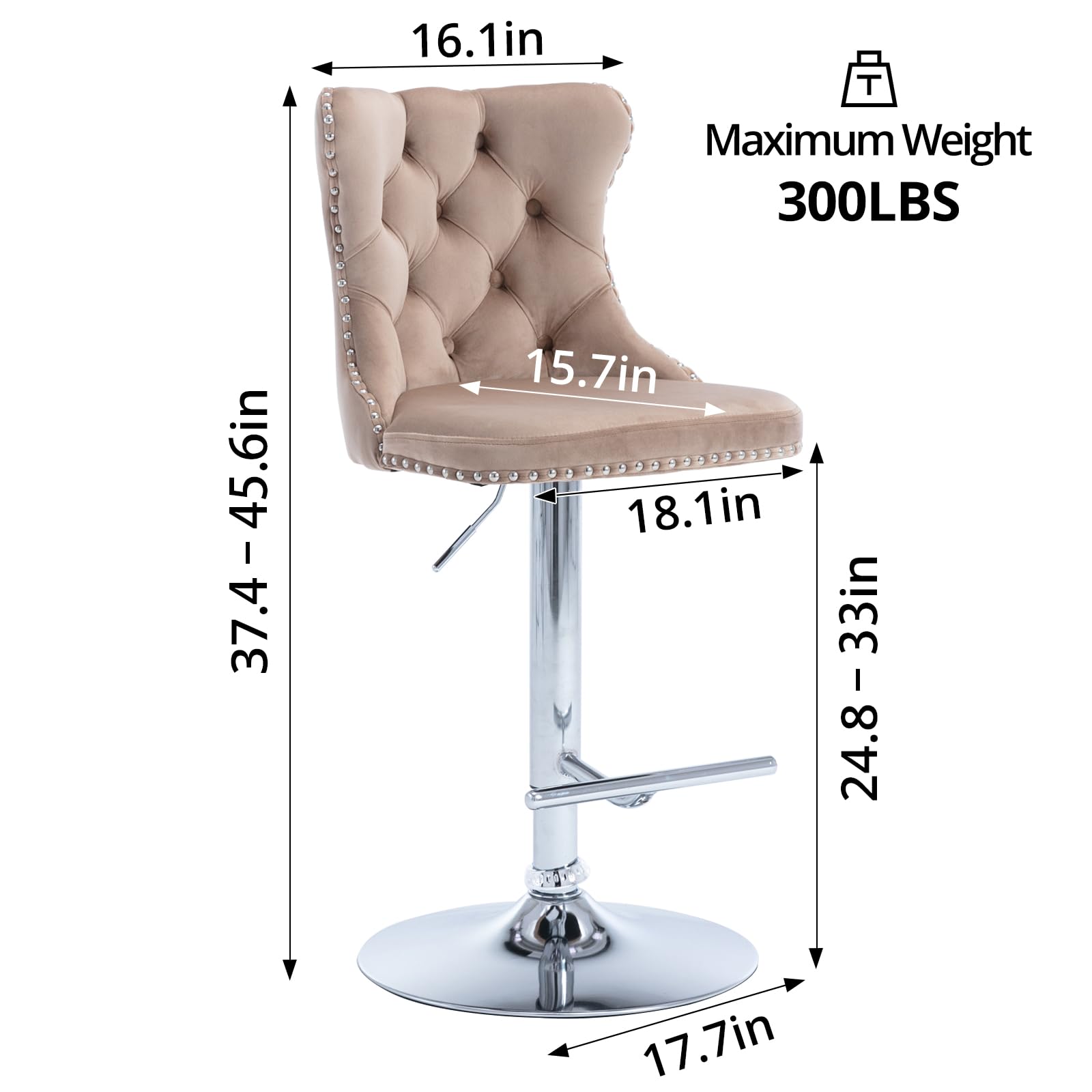 I-Pook Swivel Bar Stools Set Of 2, Adjustable Counter Height Barstools With Nailheads Trim, Button Tufted Back And Sliver Footrest, Velvet Bar Chairs For Dining Room Home Bar Kitchen Island, Khaki