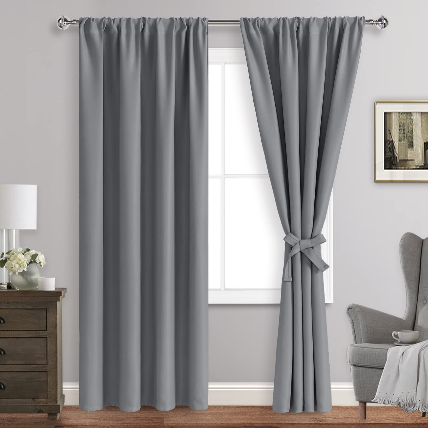 Jiuzhen Blackout Curtains For Bedroom - Thermal Insulated Room Darkening Rod Pocket Curtains For Living Room, Set Of 2 Panels With Tiebacks, 42 X 84 Inch Length, Light Grey
