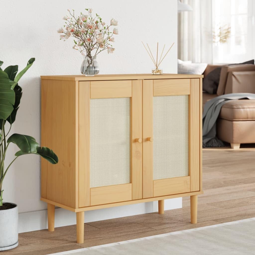 vidaXL Sideboard SENJA with Rattan Look, Solid Pine Wood with UV Varnish, Two-Tone Midcentury Modern and Boho Design, Brown, Ample Storage Space 31.5"x13.8"x31.5"