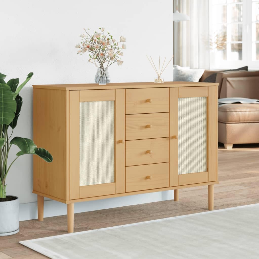 vidaXL Midcentury Boho Sideboard with Ample Storage and Poly Rattan Surface | Solid Pinewood Furniture Ideal for Living Room