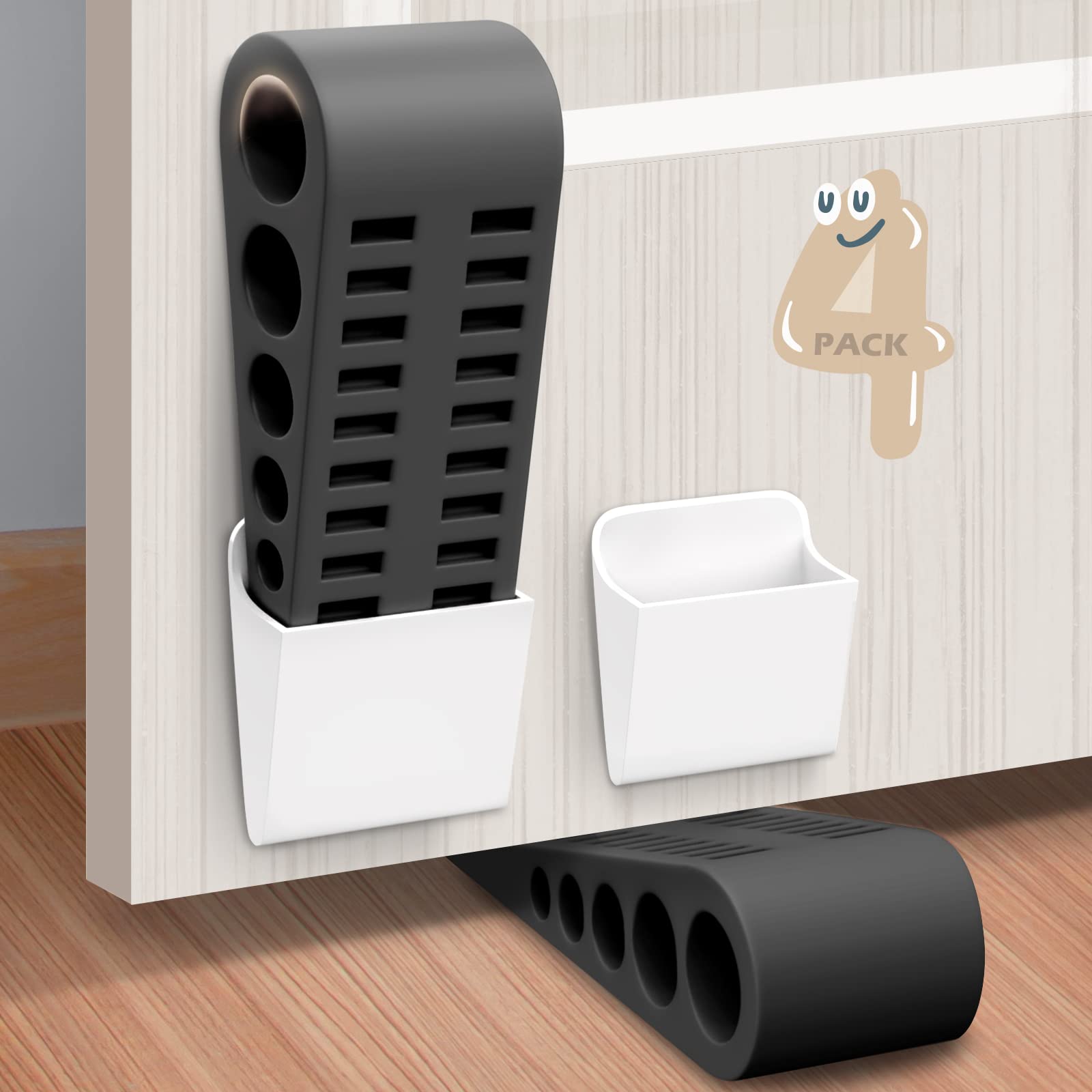 Rubber Door Stoppers For Bottom Of Door - 4 Pack Door Stop Wedge With Holder Heavy Duty Doorstop For Home Office Dorm Classroom