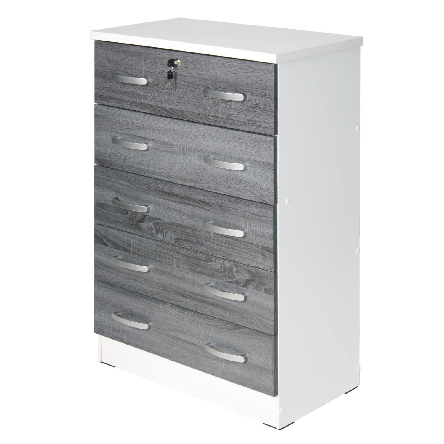 Better Home Products Cindy 5 Drawer Chest Wooden Dresser with Lock in White/Gray