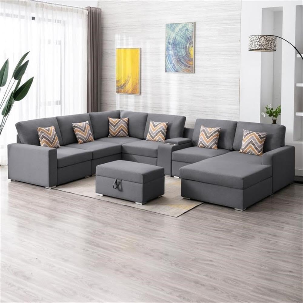 Lilola Home Nolan Gray Linen Fabric 8Pc Reversible Chaise Sectional Sofa with Interchangeable Legs, Pillows, Storage Ottoman, and a USB, Charging Ports, Cupholders, Storage Console Table